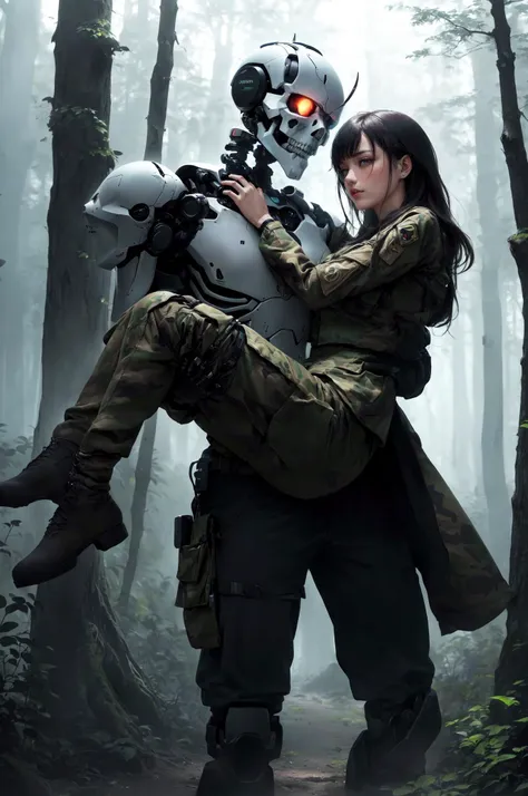 princess carry, blush, 1boy, 1girl, smirk, bangs, breasts, shirt, long sleeves, pants, looking at another, Futuristic robotic android skeleton tenderly cradling a young woman out of a mysterious forest, the android is shown with intricate metallic details and robotic skeleton head, army camouflage, army boots, neon tubes, neon cables connected to the robot's neck, in a mystical forest clearing, detailed rendering captures the intensity of the moment, with dynamic lighting adding an element of drama, highly detailed rendering with dramatic lighting and atmospheric effects, Digital artwork, Resolution: 4k, cinematic view, (best quality:1.2), (masterpiece:1.3), (high resolution:1.3), <lora:princess_carry_v0.1:0.8>,
