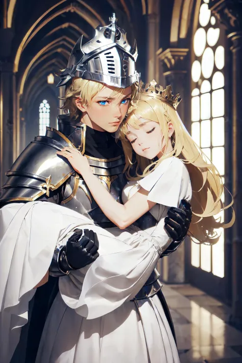 8k, best quality, masterpiece, close-up, (armored knight carrying a blonde sleeping princess), (princess carry), <lora:princess_carry_v0.1:1.1>, ((princess wearing white dress, crown)), ((knight wearing black knight armor, full-face helmet, gloves)), (castle hallway background), dark tone,