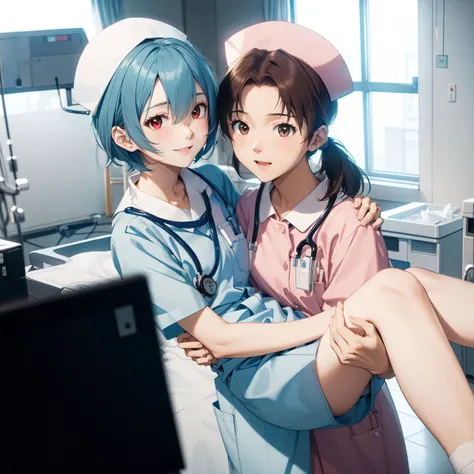 (RAW photo, best quality), wide angle photo, masterpiece, 2girls, natural lighting
hospital, operating room, surgical gloves,
(((White))) nurse uniform smooth, nurse, nurse hat, <lora:NurseUniform0_1:0.6>
happy, <lora:reiayanamitest:1> rei ayanami, light blue hair, short hair, (red eyes), smile,,