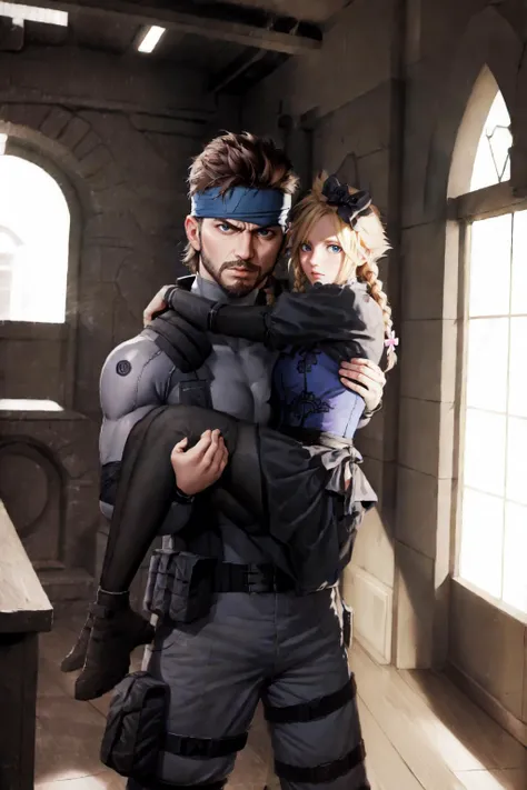 masterpiece:1.2, best quality, absurdres, bar, princess carry, portrait, looking at viewer, Solid Snake carrying Cloud Strife, <lora:princess_carry_v0.1:0.8> BREAK Solid Snake, facial hair, blue bodysuit, gloves, headband, standing, carrying, <lora:solidsnake-nvwls-v3:0.8> BREAK <lora:cloudstrife-nvwls-v1:0.8>, Cloud Strife, crossdressing, twin braids, male focus, frilled dress, hair bow, being carried