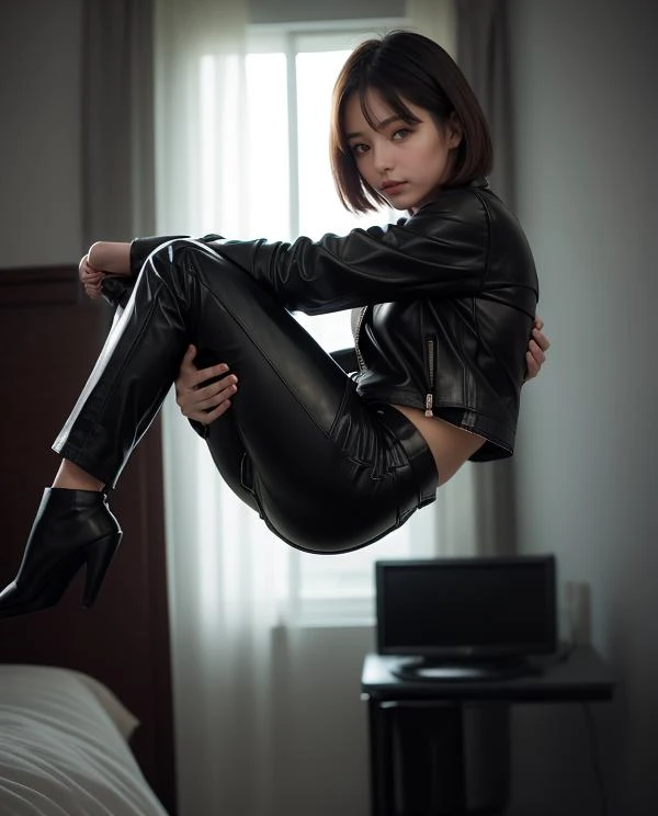(princess carry:1.5), (masterpiece), (cowboy shot), A realistic photograph of (2 women), she has very short bowl cut hair, she is wearing (luxury black horsehide pants) and (luxury black horsehide jacket), (the woman is satisfied), dark theme, <lora:LowRA:0.4>, (looking at viewer), <lora:more_details:0.1>,in a dark bedroom at night, <lora:new_whitegirls:0.3>, <lora:princess_carry_v0.1:1>