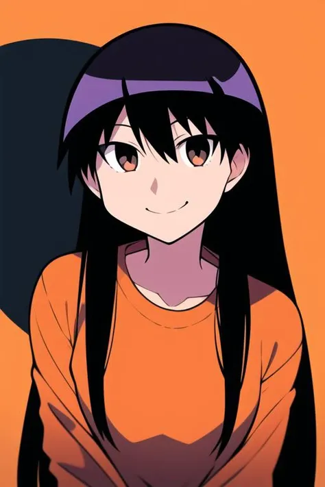1girl, upper body, sakaki, black hair, long hair, smile, looking at viewer, orange sweater, white background, simple background, <lora:SakakiLoRA:0.8>