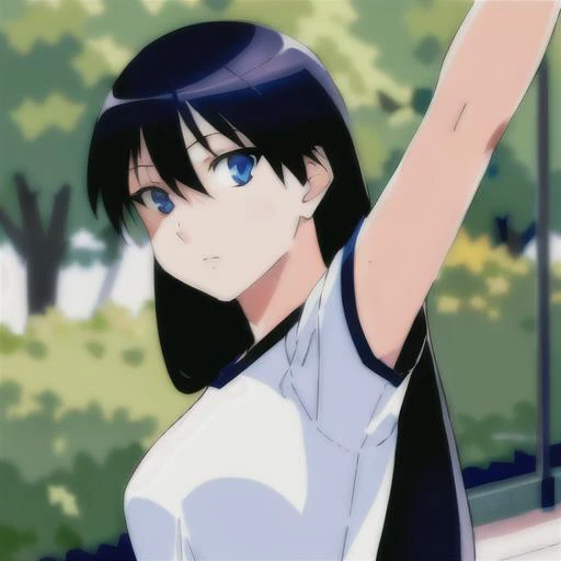 <lora:SakakiLoRA:0.8>, 1girl, solo, (portrait), sakaki, long hair, blue eyes, (good eyes), (white shirt), (gym uniform) looking at viewer, (stretching), outdoors, lighting