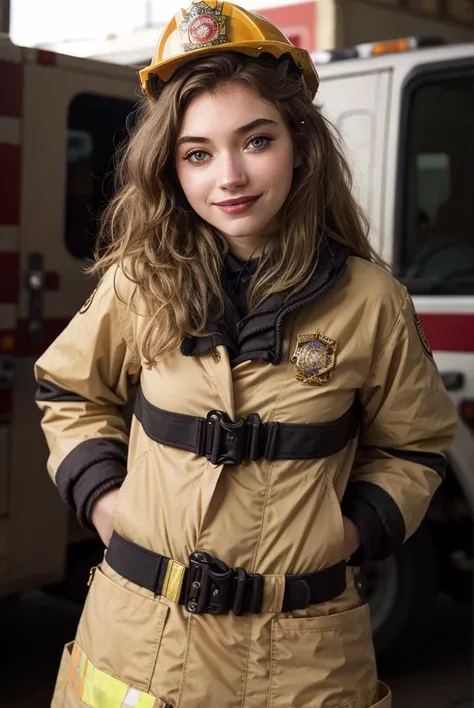 best quality,masterpiece,realistic, 4k,woman, imogen poots,<lora:imogen_poots-V1_M3+O10-3:1>,Firemen uniform, make up,smile,look at right,