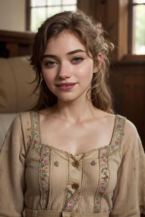 best quality,masterpiece,realistic, 4k,woman, imogen poots,<lora:imogen_poots-V1_M3+O10-3:1>,syria cloth, make up,smile,look at right,