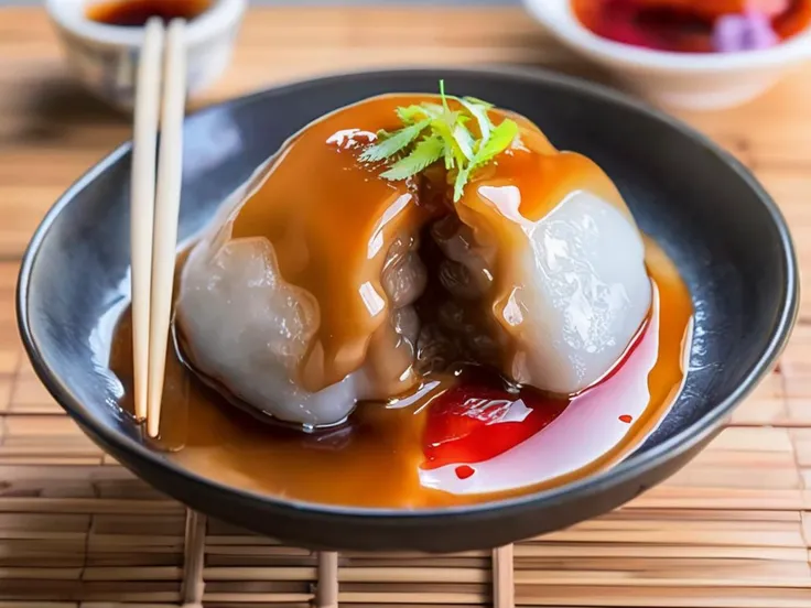 A bowl of bahuana, a traditional Asian dessert, generously topped with thick chili sauce and viscous gravy, revealing a rich filling. The Mochi is soft and chewy, with the sauces adding a vibrant color contrast and enhancing the visual appeal. The bowl is placed on a rustic wooden table, with chopsticks resting on the side. The scene should be as realistic as a high-resolution photograph, with warm and inviting lighting that highlights the appetizing qualities of the dish and the cozy atmosphere of the setting ,<lora:bahuana:0.75>,bahuana,