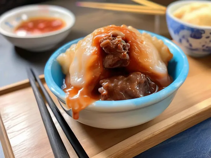 A bowl of translucent Bahuana, a traditional Asian dish, cut open to reveal a rich meat filling, generously topped with thick tomato sauce and viscous gravy. The Bahuana is soft and chewy, with the sauces adding a vibrant color contrast and enhancing the visual appeal. The Bahuana itself is crystal clear, allowing the viewer to peek into its inner filling. The bowl is placed on a rustic wooden table, with chopsticks resting on the side. The scene should be as realistic as a high-resolution photograph, with warm and inviting lighting that highlights the appetizing qualities of the dish and the cozy atmosphere of the setting ,<lora:bahuana:0.75>,bahuana,