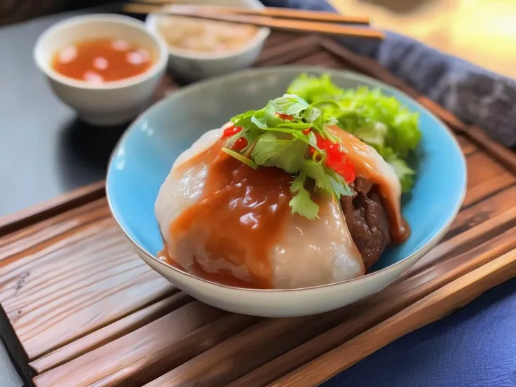 A bowl of translucent Bahuana, a traditional Asian dish, cut open to reveal a rich meat filling. The Bahuana is soft and chewy, and its skin is so transparent that the filling inside is clearly visible. It is generously topped with thick tomato sauce and viscous gravy, which add a vibrant color contrast and enhance the visual appeal. The bowl is placed on a rustic wooden table, with chopsticks resting on the side. The scene should be as realistic as a high-resolution photograph, with warm and inviting lighting that highlights the appetizing qualities of the dish and the cozy atmosphere of the setting,<lora:bahuana:0.75>,bahuana,