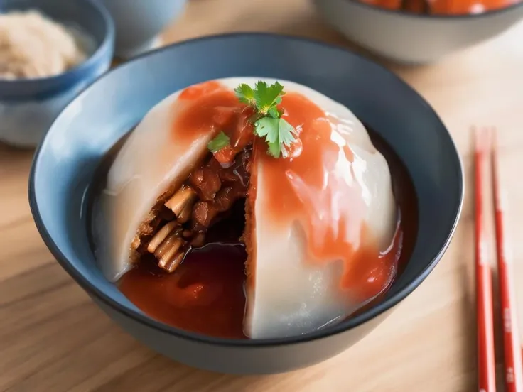 A bowl of translucent Bahuana, a traditional Asian dish, cut open to reveal a rich meat filling. The Bahuana is soft and chewy, and its skin is so transparent that the filling inside is clearly visible. It is generously topped with thick tomato sauce and viscous gravy, which add a vibrant color contrast and enhance the visual appeal. The bowl is placed on a rustic wooden table, with chopsticks resting on the side. The scene should be as realistic as a high-resolution photograph, with warm and inviting lighting that highlights the appetizing qualities of the dish and the cozy atmosphere of the setting,<lora:bahuana:0.75>,bahuana,