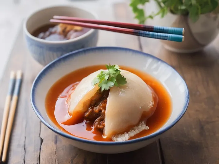 A bowl of translucent Bahuana, a traditional Asian dish, cut open to reveal a rich meat filling. The Bahuana is soft and chewy, and its skin is so transparent that the filling inside is clearly visible. It is generously topped with thick tomato sauce and viscous gravy, which add a vibrant color contrast and enhance the visual appeal. The bowl is placed on a rustic wooden table, with chopsticks resting on the side. The scene should be as realistic as a high-resolution photograph, with warm and inviting lighting that highlights the appetizing qualities of the dish and the cozy atmosphere of the setting,<lora:bahuana:0.75>,bahuana,