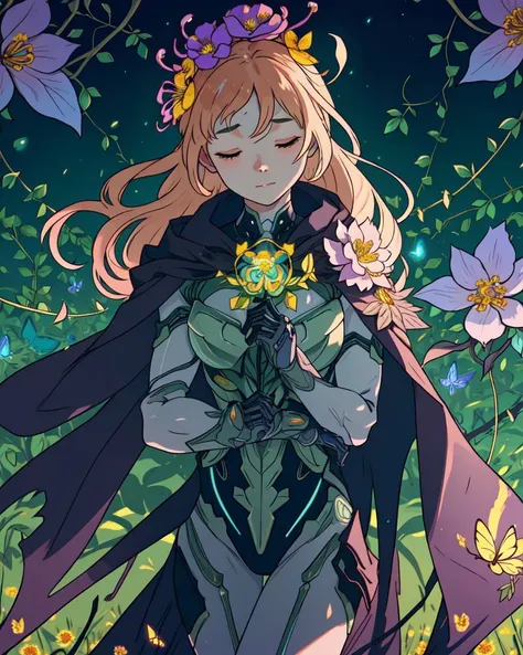 mechanical girl, (closing eyes), mechanical arms, upper body, ultra detailed, highly detailed, cinematic lighting, intricate details, colorful butterflies, flowers growing on the mechanical body, (vines connecting to body), (detailed damaged cape), detailed shiny armor, (warm light), (specular light:1.2), (flower field background:1.4), (glowing runes, glowing gem), long hair, (worn out body), masterpiece, best quality, <lora:extremely_detailed:1>