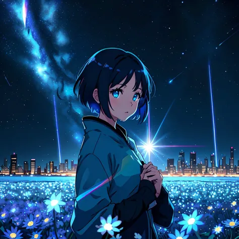 anime girl, night, blue light behind her, ((Galaxy, Lens flare)), short hair, flower field, night sky, cinematic shot. Wallpaper. (Blue color schema), detailed background, a city in the distance