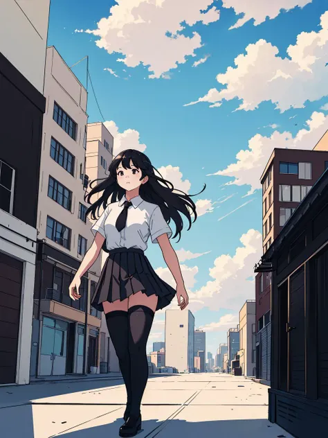 best quality, masterpiece, 1girl, solo, full body, black pleated skirt, (black thigh highs), white shirt, short sleeves, long hair, blue sky, clouds, standing on rooftop, cityspase, wide shot, ultra detailed background, sun