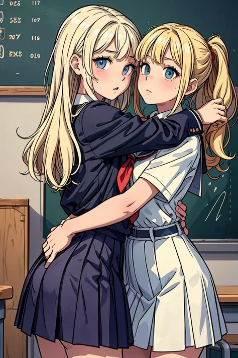 (masterpiece, best quality), 2girls, hug, blonde, school uniform, size difference, <lora:add_detail:1>