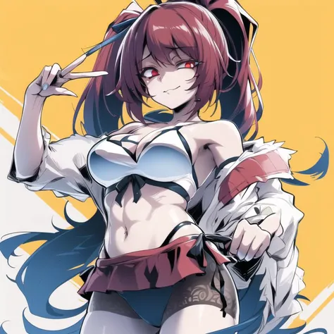 (masterpiece:1.6), (best quality:1.4), (real picture:1.2), (intricate details:1.2), (1girl:1.8), (Asian_head)
(milf:1.25), (slender:1.3), (perfect body),(medium breasts), (flat chest), (sharp eyes), (muscular), (muscular female), (thighs), (fit), (abs),(leg muscles),(arm muscles),
? beach
? belly button
? bra
? breasts
? breasts out
? curvy body
? curvy female
? curvy females
? curvy figure
? panties
? peace sign
? ponytail
? ponytails
? red eyes
? red hair
? sand
? schoolgirl
? shirt
? shirt lift
? shirt up
? slim waist
? swimsuit
? swimwear
(purple-red eye), (shiny eyes), (Light Red color palett), (poster art), (absurdes), (shiny eyes), <lora:ebiblueStyleV1_ebibluev2:1>