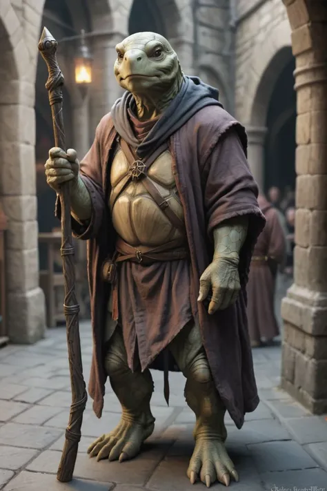 fantasy, realistic, male, Tortle, very tall, very old, wrinkled, Average build, Bald, standing in medieval market, Wizard, wearing Wizard Robes, Holding magic staff(full shot:1.5), DND, Epic fantasy, RPG