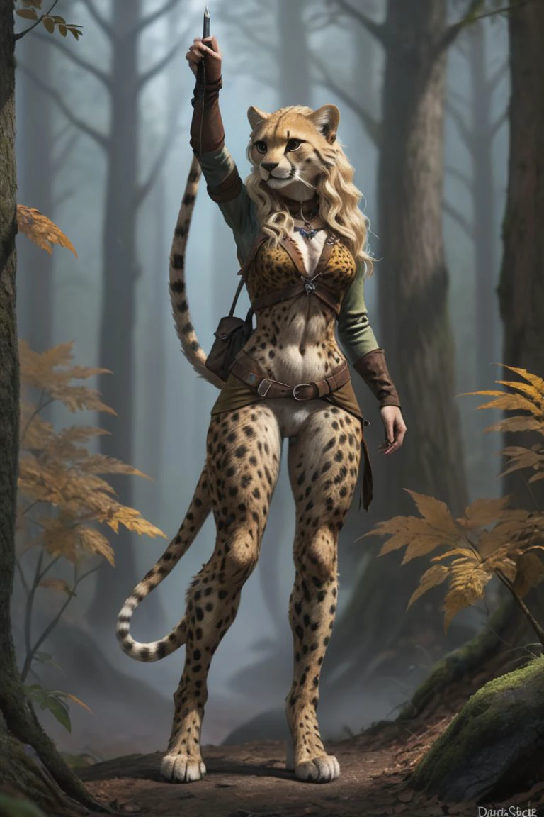 fantasy, realistic, female, catfolk, cheetah, good looking, very tall, Slender build, long blonde wavy hair, long tail, standing in forest, Ranger, Adventuring clothes, (full shot:1.5), DND, Epic fantasy, RPG