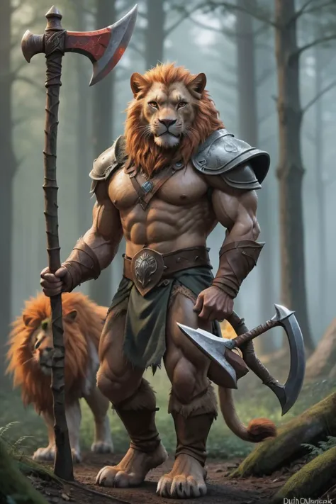 fantasy, realistic, male, catfolk, lion, good looking, very tall, muscular build, large orange mane, standing in forest, Ranger, Adventuring clothes, holding large battle axe,(full shot:1.5), DND, Epic fantasy, RPG