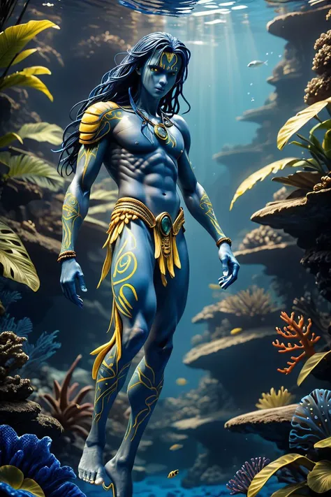 <lora:navi:0.7>, (realistic:1.5), photorealistic, hyper realistic, extremely detailed, hyper detailed, soft lighting, detailed background, extreme detail background, sharp details, male, NAVI, BLUE SKIN, warrior, tall, Athletic body, ( perky eyes, long Dark blue hair, blue body ), tropical Tribal cloths, yellow eyes, detailed eyes, detailed face, bioluminescence underwater, person, insane details (full body:1.5), <lora:add_detail:1.5>