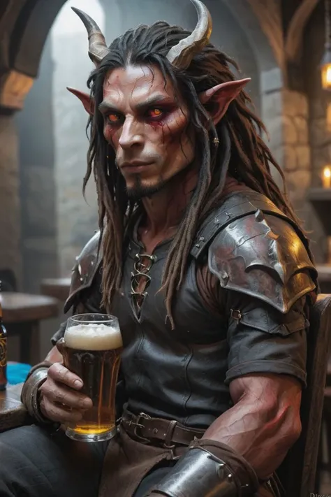Fanasty, realistic, <lora:DonMD3m0nXL:0.5> <lora:red_skin:1.5> <lora:tiefling_offset:0.9>, male, Teifling, Tall, Slender athletic build, Long black hair in dreadlocks, horns, Colored skin, red skin, Crimson skin, Wearing black leather armor, rogue, Yellow eyes, sitting in a medieval tavern drinking a beer, (full shot:1.0) <lora:more_details:0.8> <lora:detailed_eye_V2:0.4>