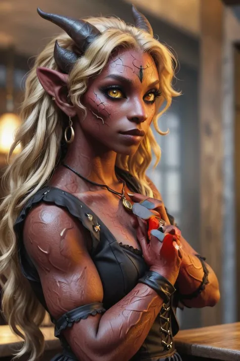 Fantasy, Realistic, <lora:DonMD3m0nXL-000010:0.5> <lora:red_skin:2.0> , female, Tiefling, horns, colored skin, ((red skin)), Long curly blonde hair, wearing barmaid outfit, yellow eyes, (earrings:0.5), (full shot:1.5), <lora:more_details:0.8> <lora:detailed_eye_V2:0.8>