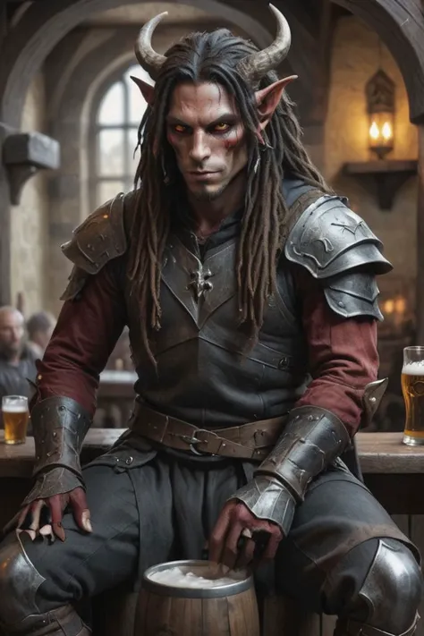 Fantasy, realistic, <lora:DonMD3m0nXL:0.5> <lora:red_skin:1.5> <lora:tiefling_offset:0.9>, male, Teifling, Tall, Slender athletic build, Long black hair in dreadlocks, horns, Colored skin, red skin, (Crimson skin:1.0), Wearing black leather armor, rogue, Yellow eyes, sitting in a medieval tavern drinking a beer, (full shot:1.0) <lora:more_details:0.8> <lora:detailed_eye_V2:0.4>