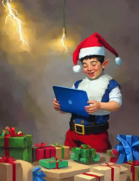 a (blue) midget christmas elf pulling presents from a (laptop), blue pointy hat, blue matrix, modelshoot style, painting by Ed Blinkey, Atey Ghailan, Studio Ghibli, by Jeremy Mann, Greg Manchess, Antonio Moro, trending on ArtStation, trending on CGSociety, Intricate, High Detail, Sharp focus, dramatic, illustrated, brushwork, impasto, lightning