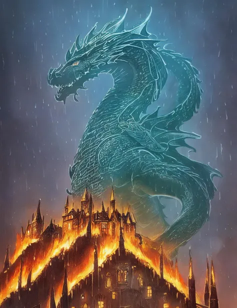 fantasy illustration, huge dragon, dark castle, rain of fire, Christmas village, art by midjourney