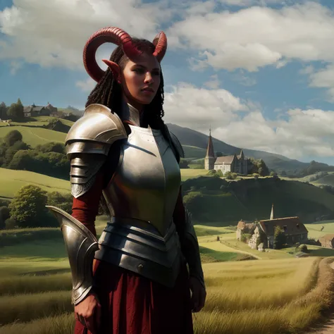 medium shot of a female tiefling Paladin wearing a breastplate, (red skin), sharp focus, intricate background of a countryside, hills, farmland, farm building, trees, trending on artstation, trending on cgsociety, vivid colors, detailed face and eyes