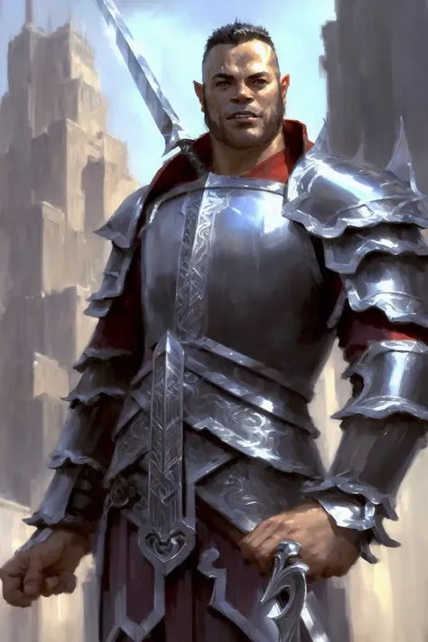 modelshoot style, (extremely detailed CG unity 8k wallpaper), handsome ((half orc fighter,)) (30yo) green skin, (intricate ((shiny)) ((chrome)) ((mirror finish)) plate armor), ((shiny chrome greatsword)), ((short hair)), (toothy grin), smug grin, (smirk), (dynamic pose) semi-realistic, volumetric lighting, painting by Ed Blinkey, Atey Ghailan, Studio Ghibli, by Jeremy Mann, Greg Manchess, Antonio Moro, trending on ArtStation, trending on CGSociety, Intricate, High Detail, Sharp focus, dramatic, painting art by midjourney and greg rutkowski,