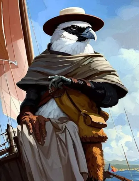 full shot painting (aarakocra) artificer with a gambeson and a panama hat, older, grizzled, stubble, white hair, [fat] [wrinkled], on the deck of a sail boat, (ha long bay), (cliffs), painting by Franois Louis Thomas Francia and Gerald Brom and yoshitaka amano and Franz Xaver Messerschmidt, trending on ArtStation, trending on CGSociety, Intricate, High Detail, Sharp focus, dramatic, high seas, bloom, backlit, detailed face and eyes, dark colors, oil on canvas painting