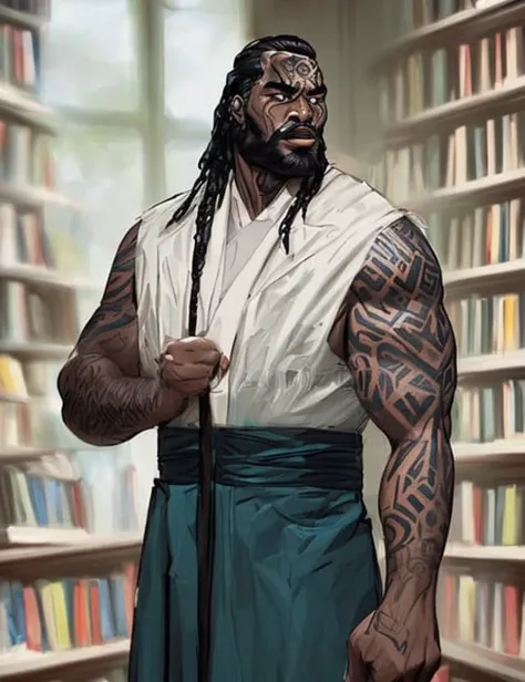 modelshoot style digital illustration close up shot of a goliath warlock wearing priests robes, green eyes, art by tony sart and rossdraws and Magali Villeneuve, sharp focus, (intricate background of library), trending on artstation, trending on cgsociety, 4k UHD patterned facial tattoo