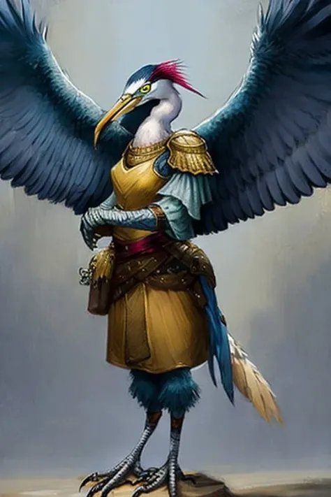 modelshoot style, (extremely detailed CG unity 8k wallpaper), full shot body photo of the most beautiful artwork in the world, heron (aarakocra) rogue,  swirling magic, renaissance era, painting by Atey Ghailan, Rembrandt van Rijn, by Jeremy Mann, Greg Manchess, Antonio Moro, trending on ArtStation, trending on CGSociety, Intricate, High Detail, Sharp focus, dramatic
