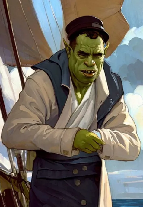 full shot painting ((orc)) rogue sailor with a pea coat and a panama hat, older, grizzled, stubble, white hair, [fat] [wrinkled], on the deck of a sail boat, ((ha long bay)), (cliffs), painting by (Franois Louis Thomas Francia) and Gerald Brom and yoshitaka amano and alphonse mucha, trending on ArtStation, trending on CGSociety, Intricate, High Detail, Sharp focus, dramatic, high seas, bloom, backlit, detailed face and eyes, dark colors, oil on canvas painting