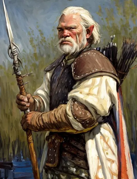 full shot painting of a irish orc fighter farmer wearing a gambeson and holding a spear, irish, [Brendan Gleeson | brian cox], grizzled, (stubble), white hair, [wrinkled], rustic, painting by Jack Butler Yeats and Lois van Baarle and Gerald Brom and JC Leyendecker and WLOP, trending on ArtStation, trending on CGSociety, Intricate, High Detail, Sharp focus, dramatic, bloom, backlit, detailed face and eyes, dark colors, mongolian plateau, steppe