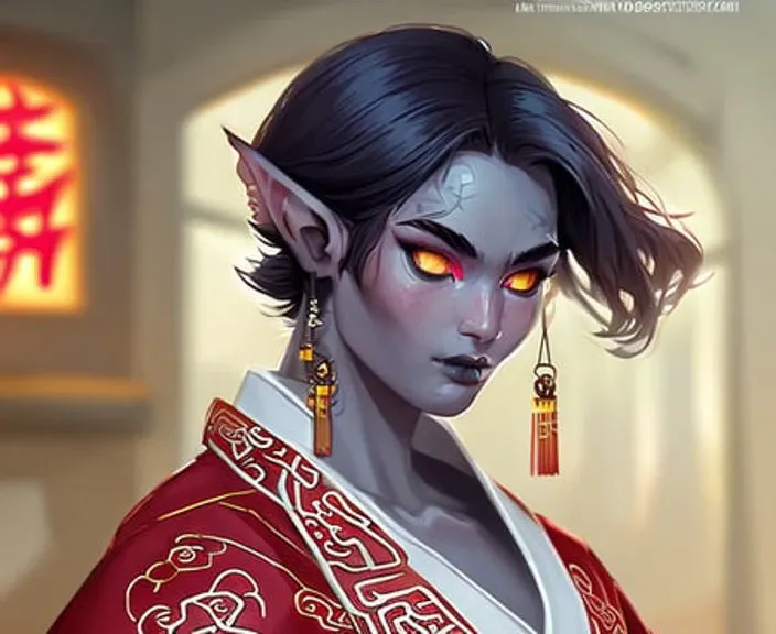 modelshoot style digital 2D illustration close up shot of a elf wizard with cat eyes and elaborate, intricate red chinese robes with chinese characters embroidered on art by tony sart and rossdraws and Magali Villeneuve, sharp focus, (intricate background of a demonic city in the underworld under ground), trending on artstation, trending on cgsociety, 4k UHD