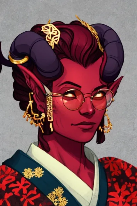 (brenda song), tiefling with dark red skin, red colored skin, crimson colored skin, symmetrical (extremely detailed CG unity 8k wallpaper), full shot body photo of the most beautiful artwork in the world, glasses, wearing a kimono, painting by Atey Ghailan, Studio Ghibli, yoshitaka amano, trending on ArtStation, trending on CGSociety, Intricate, High Detail, Sharp focus, dramatic