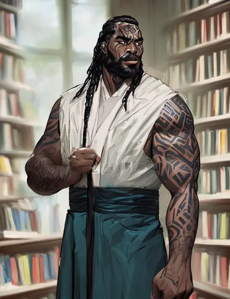 modelshoot style digital illustration close up shot of a goliath warlock wearing priests robes, green eyes, art by tony sart and rossdraws and Magali Villeneuve, sharp focus, (intricate background of library), trending on artstation, trending on cgsociety, 4k UHD patterned facial tattoo