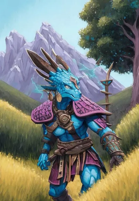 modelshoot style digital illustration medium shot of a kobold wearing shaman's attire, art by tony sart, wlop and rossdraws and Magali Villeneuve, sharp focus, intricate background of a countryside, hills, farmland, farm building, trees, trending on artstation, trending on cgsociety, rustic, fine art, vivid colors, detailed face and eyes stars, galaxies, nebula, runic symbols, wooden earrings, [samurai]