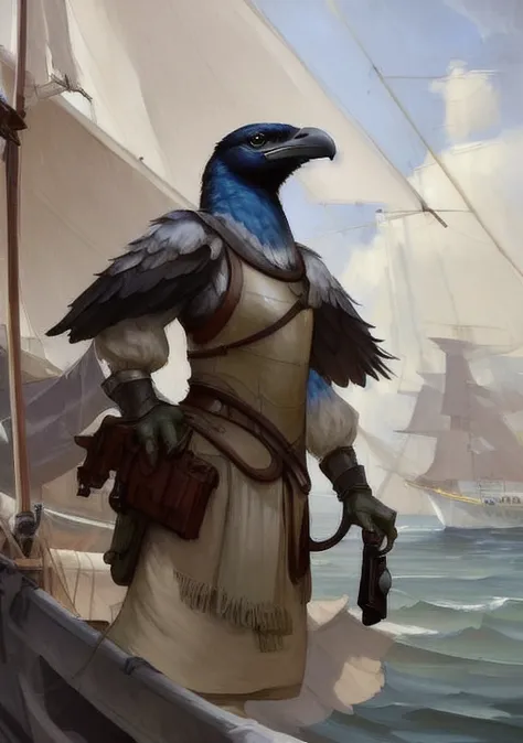 full shot painting (aarakocra) artificer with a gambeson and a panama hat, older, grizzled, stubble, white hair, [fat] [wrinkled], on the deck of a sail boat, (ha long bay), (cliffs), painting by Franois Louis Thomas Francia and Gerald Brom and yoshitaka amano and Franz Xaver Messerschmidt, trending on ArtStation, trending on CGSociety, Intricate, High Detail, Sharp focus, dramatic, high seas, bloom, backlit, detailed face and eyes, dark colors, oil on canvas painting