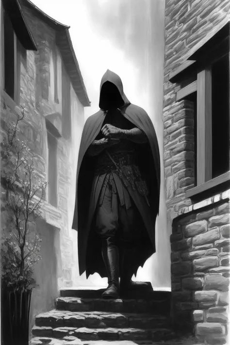 (oil painting:1.2), a hooded thief hidden in the corner of an alleyway, black hood and cape, a medieval village, (night, dark ambiance:1.2), by (Clyde caldwell, frank frazetta, Larry Elmore:1.2), dnd, fantasy art, best quality, masterpiece,