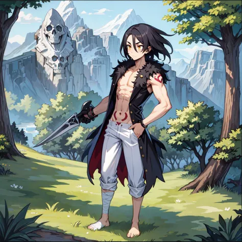 masterpiece, 1 boy, solo, slender, bandages, short hair, black hair, barbarian, forehead, yellow eyes, fur vest, long white pants, bare chest, native american costume, red body tattoos, skull, necromancer, full body, outdoors, montain, cowboy shot, cleaver, masterpiece, <lora:dsgs:1>
