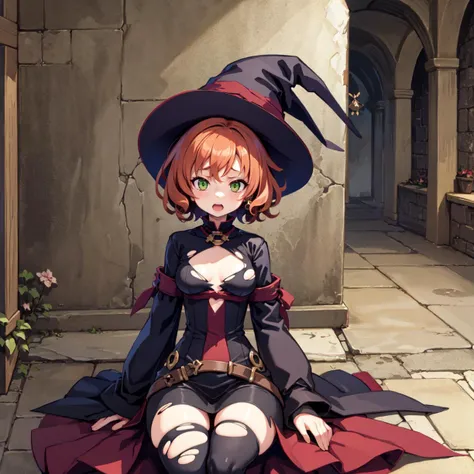 masterpiece, best quality, 1girl, detailed face, detailed eyes, witch hat, troubled face, big round eyes, big smile, small breasts, open mouth, sitting on the floor, ((torn clothes)), looking around nervous, simple clothing, witch, orange hair, curly hair, short hair, permanent, green eyes, mage staff, cowboy shot, full body, indoors, dungeon corridor, ((dungeon)) <lora:dsgs:1>
