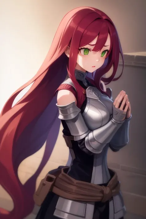 <lora:Disgaea:0.9>, 1girl, long red hair, green eyes, freckles, armor, praying,