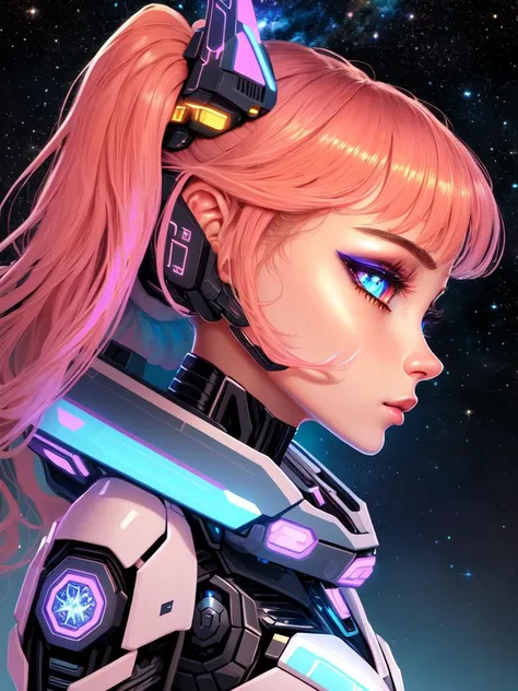 masterpiece, best quality, highres, absurdres, ultradetailed, 1girl, (celestial outfit:1.3), (neon-pastel, stars, nebulae, highly detailed eyes), shiny, shiny skin, bright eyes, photorealistic faces, detailed bright makeup, (a photo of expomech), lifelike, (profile, full body:1.3), astonishing, wonderful, awesome, beautiful, highly detailed, centered