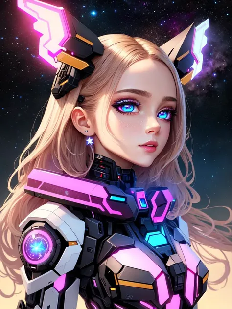 masterpiece, best quality, highres, absurdres, ultradetailed, 1girl, (celestial outfit:1.3), (neon-pastel, stars, nebulae, highly detailed eyes), shiny, shiny skin, bright eyes, photorealistic faces, detailed bright makeup, (a photo of expomech), lifelike, (full body:1.3), astonishing, wonderful, awesome, beautiful, highly detailed, centered