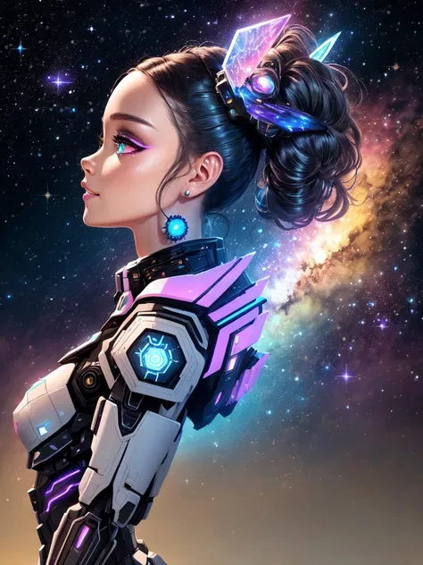 masterpiece, best quality, highres, absurdres, ultradetailed, 1girl, (celestial outfit:1.3), (neon-pastel, stars, nebulae, highly detailed eyes), shiny, shiny skin, bright eyes, photorealistic faces, detailed bright makeup, (a photo of expomech):0.8, lifelike, wry grin, (profile, full body:1.5), astonishing, wonderful, awesome, beautiful, highly detailed, centered
