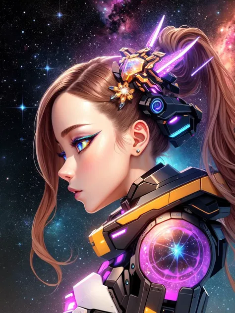masterpiece, best quality, highres, absurdres, ultradetailed, 1girl, (celestial outfit:1.3), (neon-pastel, stars, nebulae, highly detailed eyes), shiny, shiny skin, bright eyes, photorealistic faces, detailed bright makeup, (a photo of expomech), lifelike, (profile, full body:1.3), astonishing, wonderful, awesome, beautiful, highly detailed, centered