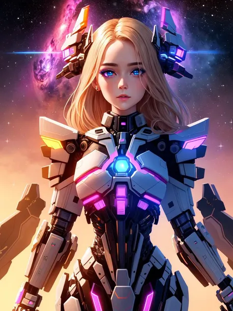 masterpiece, best quality, highres, absurdres, ultradetailed, 1girl, (celestial outfit:1.3), (neon-pastel, stars, nebulae, highly detailed eyes), shiny, shiny skin, bright eyes, photorealistic faces, detailed bright makeup, (a photo of expomech), lifelike, (full body:1.3), astonishing, wonderful, awesome, beautiful, highly detailed, centered