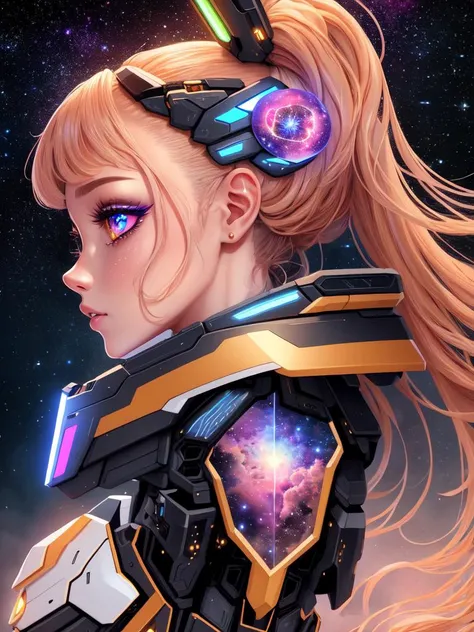 masterpiece, best quality, highres, absurdres, ultradetailed, 1girl, (celestial outfit:1.3), (neon-pastel, stars, nebulae, highly detailed eyes), shiny, shiny skin, bright eyes, photorealistic faces, detailed bright makeup, (a photo of expomech), lifelike, (profile, full body:1.3), astonishing, wonderful, awesome, beautiful, highly detailed, centered